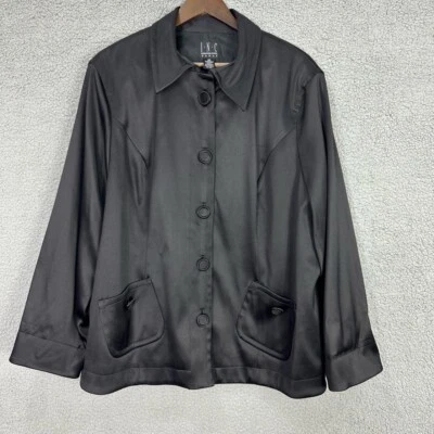 INC Mujer Negro Botón Satinado Cuello Chaqueta Bolsillos Delanteros 3X Minimalista Boho Foto 1 de 4