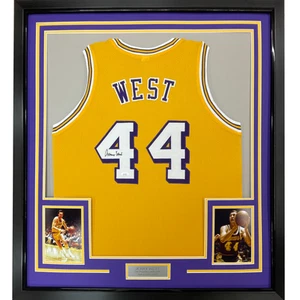 FRAMED Autographed/Signed JERRY WEST 33x42 Los Angeles Yellow Jersey JSA COA - Picture 1 of 2