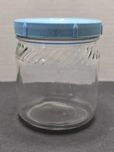 Vintage Clear Glass Jar Swirl Spiral Shoulder Light Blue Lid 5" Ribbed 1970s... - Picture 1 of 8