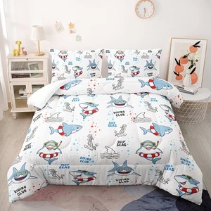 Carino Cartone Animato Squalo Set di Pumoni, Deep Sea Diving Club Squali Biancheria da Letto Copriletto... - Foto 1 di 5