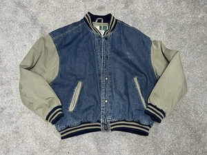 Vintage Wear Guard Bomber Varsity Jacket Blue Denim Tan Snap Up Insulated Large - Picture 1 of 14