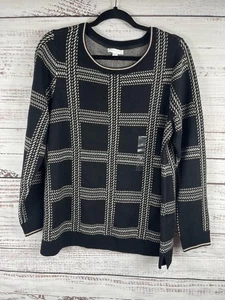 Charter Club Sweater Womens 1X Black White Plaid Metallic Knit Pullover Top - Picture 1 of 9