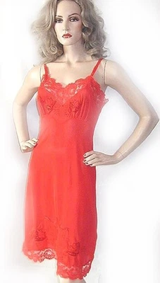 Apliques de encaje vintage años 60 Adonna rojo caramelo deslizamiento completo bordado 34B Foto 1 de 4