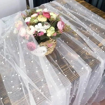 Corredor de mesa de perlas 30 x 120 pulgadas decoración de mesa de boda tela de tul blanco encaje... Foto 1 de 4