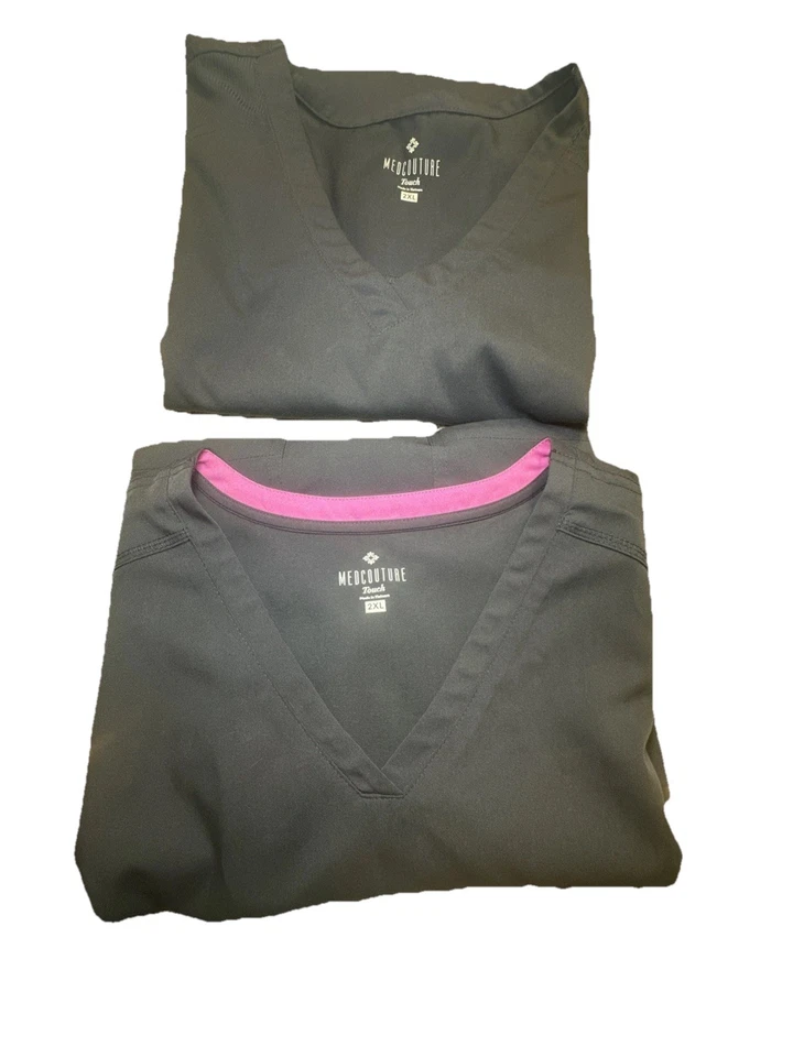 Med Couture 女式磨砂上衣,尺寸 2XL,批量 2 短袖灰色 V 领医疗 — 第 1/4 张图片