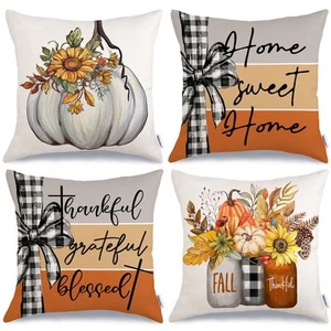 Fall Throw Pillow Covers 20x20 Inch Set of 4, Pumpkins Mason Jars Home Sweet ... - Picture 1 of 8