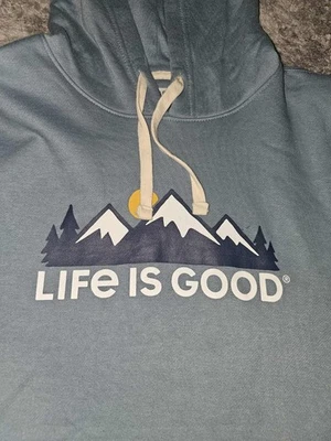 Life Is Good Hoodie Mens M Medium Blue Mountain Sun Logo Pullover Sweatshirt New - Image 1 of 4