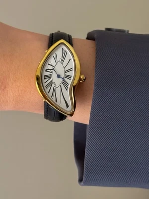 Reloj Y2K Vintage Dorado Paris Dalí Crash Melting Con Correa De Cuero Negro Regalo  - Imagen 1 de 4