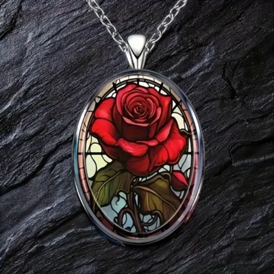 Flower Rose Oval Jewelry Vintage Silvery Gothic Red Love Pendant Necklace - Image 1 of 4