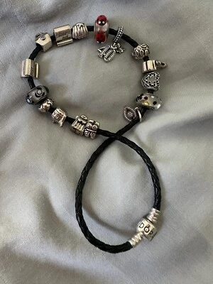 Genuine Pandora Double twist leather Bracelet with Heart clasp & 16 charm - Image 1 of 4