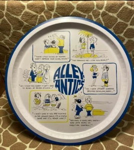 Vintage Alley Antics Bowling Metal Serving Tray Cartoon Bar Decor - 1970's - Picture 1 of 5