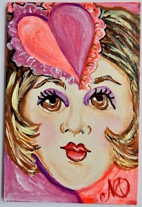Original Acryl Gemälde auf 4"x6" Leinwand Panel genannt "Valentinstag Gal" - Bild 1 von 2