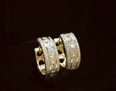 2Ct Princess Cut Lab Created Diamond Women Huggie Hoop Earrings 14K Gold Plated - Image 1 of 3