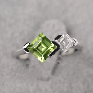 Two Stone Green Peridot Ring Natural Gemstone 925 Sterling Silver Ring For Women - Picture 1 of 6