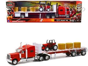 PETERBILT 389 FLATBED TRUCK RED W/TRACTOR & HAY 1/32 MODEL BY NEW RAY 10293 A