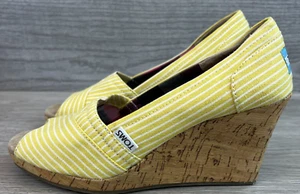 Toms Shoes Womens 7.5 Yellow Striped Fabric Wedge Cork Heels Peep Toe Slip On - Picture 1 of 13