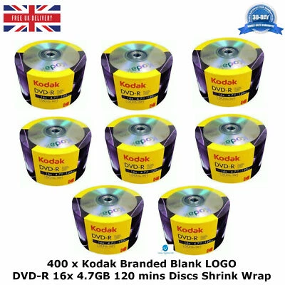 400 x Kodak Branded Blank LOGO DVD-R 16x Speed 4.7GB 120min Discs in Shrink Wrap - Image 1 of 4