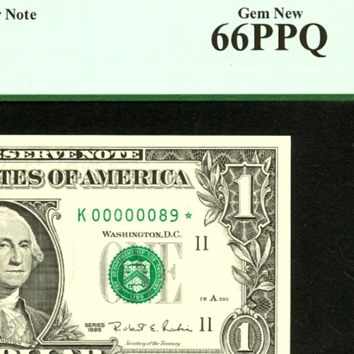 LOW TWO DIGIT SERIAL # (( 00000089 STAR )) PCGS 65 PPQ $1 series 1995 Dallas - Image 1 of 3