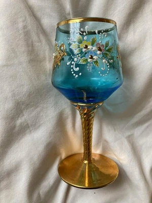 2 Vintage Murano Itay Blue + Gold Gilt Bohemian Hand Painted Wine Glasses - Image 1 of 4