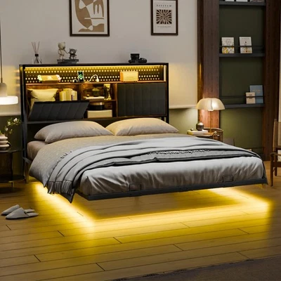 QUEEN SIZE Floating Platform Bed Frame With Charging Station Storage Headboard - Image 1 of 4