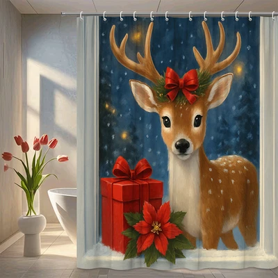 Cortina de Ducha Ciervo Navidad con Lazo Rojo y Regalo Foto 1 de 4