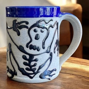 Halloween Skeleton Mug Day of the Dead Stoneware Art Blue Glaze Cup 5 inch - Picture 1 of 10