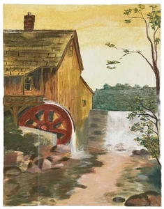 SIGNED Original Oil Painting Rural American Landscape Grist Mill House Waterfall - Picture 1 of 6