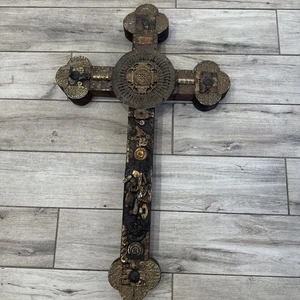 Huge Ornate Antique Mexican Folk Art Milagros Wood Cross 31” - Picture 1 of 24