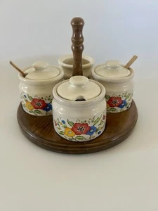 Vintage, Provincial Stoneware, Home Concepts, Condiment Jars, Wood Lazy Susan - Picture 1 of 13