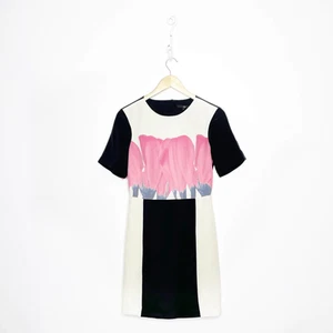 Tibi Hudson Peony open back silk dress black pink short sleeve sheath womens 4 - Picture 1 of 10