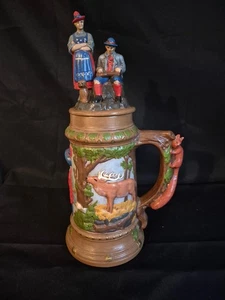 Large German Hunting Beer Stein with Lid 15.5 Inches Tall! Beautiful Piece - Picture 1 of 8