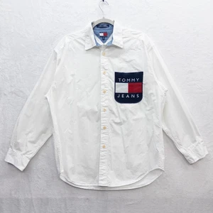 Vintage Tommy Jeans Hilfiger weiß Knopfleiste großer Logo Patch Y2K Gr. S (fällt groß aus) - Bild 1 von 7