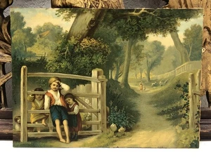 Impresión de la época victoriana - Niños en la cerca en la granja - Imagen 1 de 16