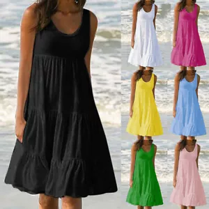 Women's Summer Smock Dress Holiday Beach Ladies Mini Casual Loose Frill Sundress - Picture 1 of 19