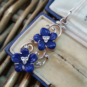925 Sterling Silver Necklace, Blue Lapis Lazuli Pendant, Art Nouveau Design - Picture 1 of 7