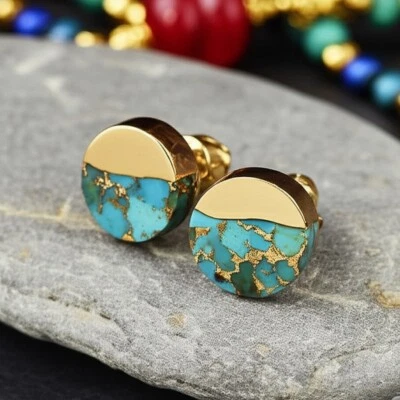 Handmade Natural Turquoise Stud Earrings Blue Gemstone Gold Plated Jewelry Gift - Image 1 of 4
