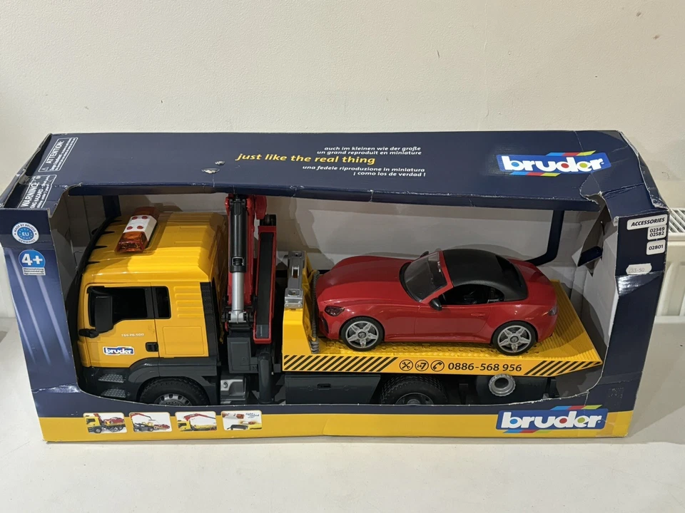 Bruder Toys 03750 MAN Flatbed Tow Truck Crane & Roadster Car With Light & Sound - Image 1 of 4
