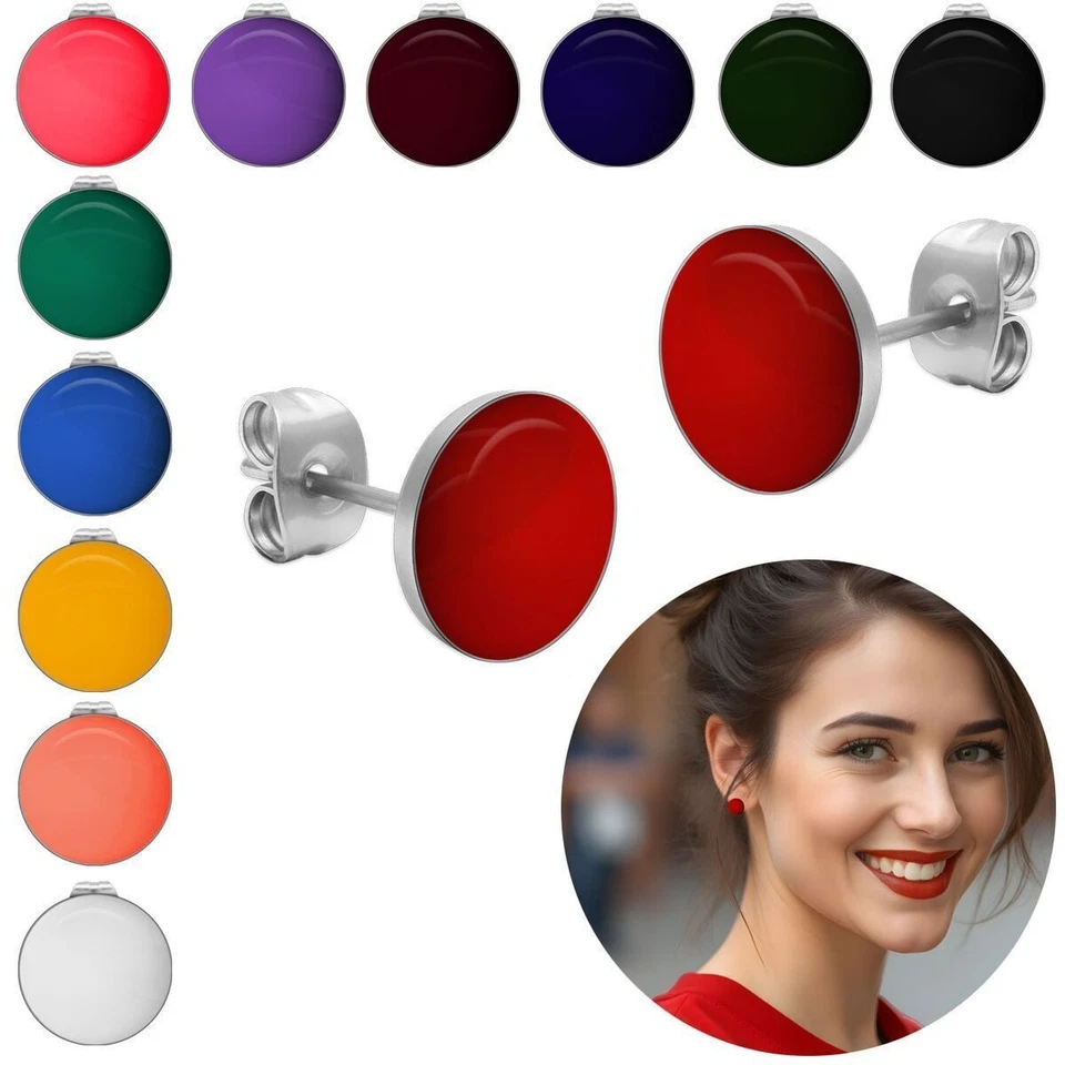 1 Paar runde Ohrstecker Ohrringe Edelstahl Acryl viele Farben glänzend Ø 10 mm - Bild 1 von 1