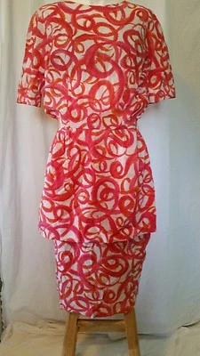 Vintage MARJORIE MONTGOMERY Silky Dress Coral print sht sleeve straight skirt  M - Image 1 of 4