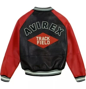 Men's Avirex Red & Black Track & Field Varsity Leather Jacket - Picture 1 of 6