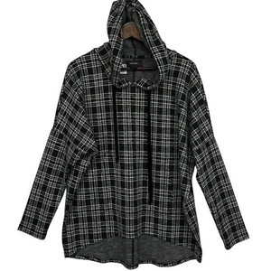 Karen Kane Pullover Hoodie Women Size M Black Plaid Pocket Short Sleeve Sweater - Picture 1 of 15