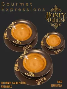 Gourmet Expressions Honey Damask Salad Plates. Dinner Plates and Bowls Separate - Picture 1 of 9