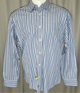 EUC Bugatchi UOMO 100% Cotton Men's Dress Shirt Large Blue & Gray Striped - Picture 1 of 6
