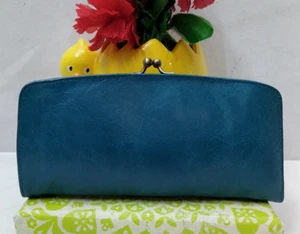 Hobo International Blue Teal Leather Kisslock Credit Card ID Windown Wallet - Picture 1 of 17
