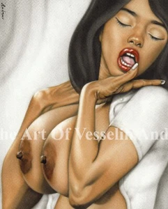 Impresión 4x5 de pintura al óleo original de mujer desnuda - Pasión mujer latina pin up art - Imagen 1 de 1