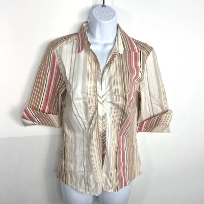 H&M Womens Top sz 12 Beige Striped Collared Hook & Loop Closure Half Sleeve - Image 1 of 4