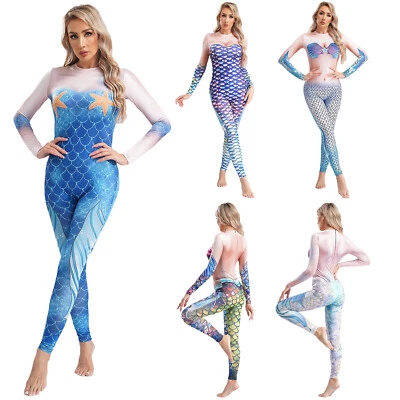 Womens Jumpsuit Carnival Mermaid Costume Dress Up Uniform Shiny Bodysuit Soft - Image 1 of 3