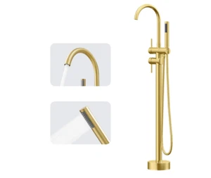 Gold Floor Mount Bathtub Faucet Freestanding Tub Filler Standing High Flow Showe - Picture 1 of 5