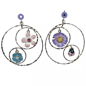 Betsey Johnson Spring Ahead Flower Mismatch Hoop Earrings 2.5" Large Whimsical - Picture 1 of 11