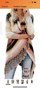 Women's Open Front Knited Tassels Slash Loose Cardigan Crew Neck Speckled Fringe - Picture 1 of 6